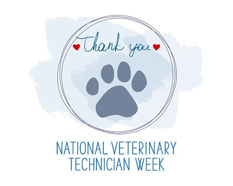 Vet Tech Appreciation Week concept. Red heart, dog paw ant text Thank You on white, vector illustration.