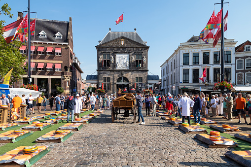 Gouda, Netherlands, August 25, 2022: Cheese market on the central market square with a view of the Goudse Waag weighing house, built in 1668.