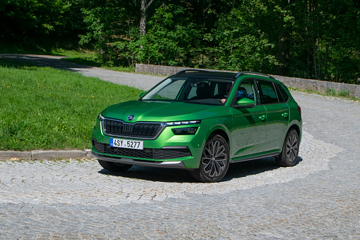 Basel, Switzerland - 26th August, 2019: Skoda Kamiq driving on a road. This model is the smallest SUV/crossover from Skoda (Volkswagen Group).