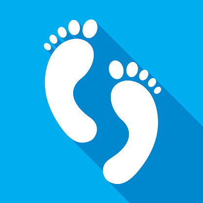 Vector illustration of a pair of white footprints with shadows on a blue square background.