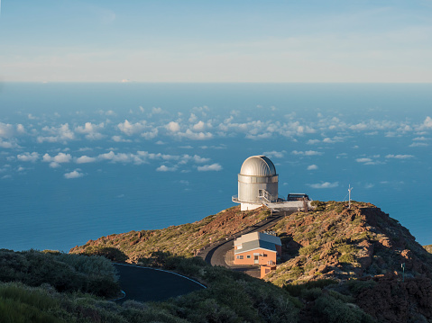 Roque De Los Muchachos, La Palma, Canary Islands, Spain, December 20, 2019: Big telescope at highest peak of La Palma Roque De Los Muchachos. Observatory at Caldera De Taburiente. Travel astrology