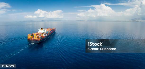 Panoramic Aerial View Of A Industrial Cargo Container Ship Stock Photo - Download Image Now