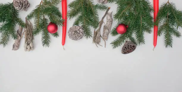 Christmas background with Christmas trees, candles. christmas banner. Festive flat lay.