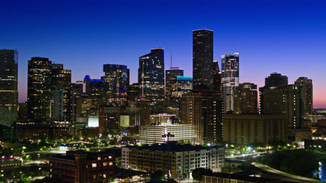 Ascending Drone Shot of Downtown Houston, Texas at Twilight
