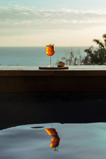pomarańczowy koktajl podawany z tapa przy basenie. letnie klimaty. świeże, naturalne. elegancki - bloody mary zdjęcia i obrazy z banku zdjęć