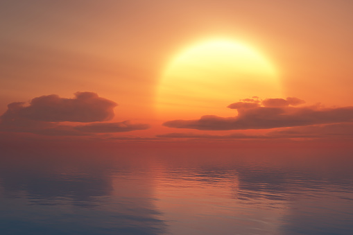 Romantic sunset on a hot summer day above the ocean, with heat haze. 3D illustration rendering.
