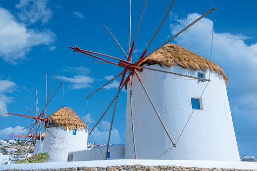 Windmills on the Greek island of Mykonos.