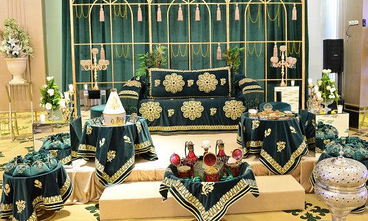 Moroccan sofa for the bride and groom with wedding preparations