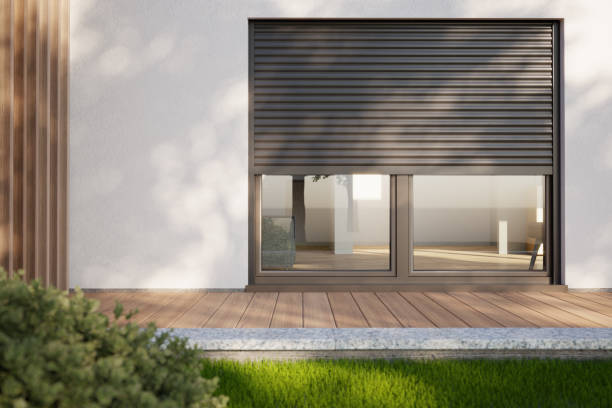 rullo finestra - casa moderna con terrazza, illustrazione 3d - persiana caratteristica architettonica foto e immagini stock