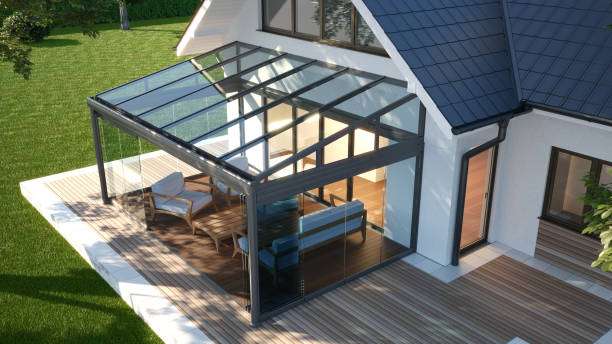 terrace canopy - winter garden, top view, 3d illustration - uterum bildbanksfoton och bilder