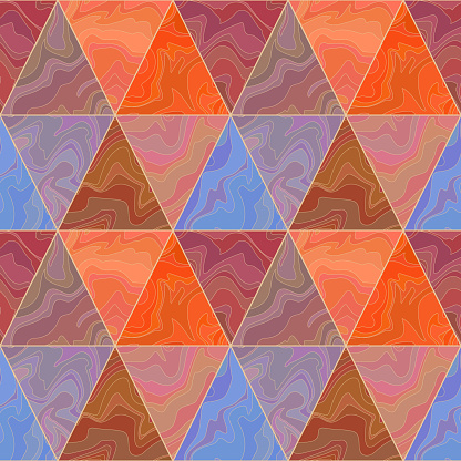Abstract geometric seamless pattern of orange, purple and blue triangles filled with liquid fluid texture