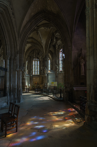 inside the Church Eglise Saint-Pierre de Caen with colorful sunlight falling through windows, Caen, Normandy, France
