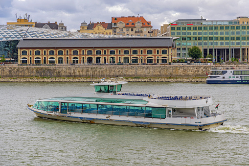 Tourist Ship Panoramic Cruise Travel at River Danube Summer Day