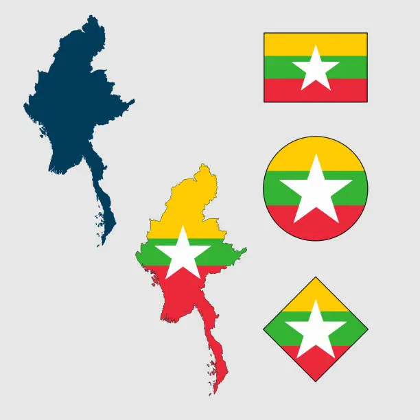 Vector illustration of Vector of Myanmar country map outline silhouette with flag set isolated on white background.