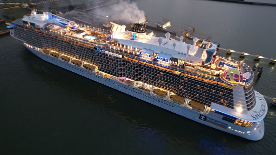 Marina Bay, Singapore - July 17, 2022: Aerial View of The Marina Bay Cruise Centre Terminal where Luxury Cruise Ships are Docking