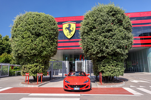 Modena, Italy - July 9, 2022: Vehicles and exteriors of the Ferrari Museum in Italy