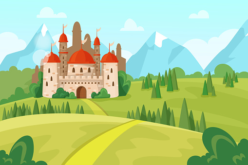 Game castle on hill scene. Magic princess mansion. Road to palace. Fairytale landscape. Scenic mountain panorama. Medieval fortress scenery. Fantasy fortified dungeon. Vector cartoon illustration