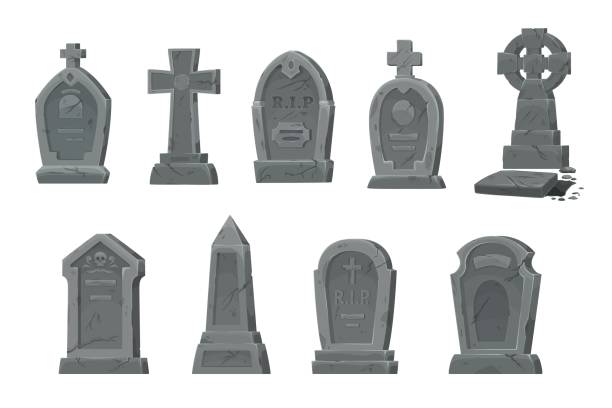 Cemetery graves, gravestones, graveyard tombstones Cemetery graves and gravestones vector set of isolated cartoon graveyard tombstones and cemetery headstones. Grave crosses and tomb stone monuments with RIP or rest in peace memorial signs and skulls tombstone stock illustrations