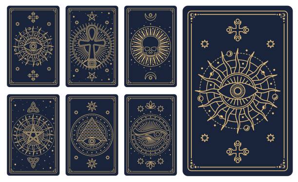 Tarot cards arcana with esoteric, mason symbols Tarot cards. Astrology card occult mason symbols, tarot arcana cards with esoteric alchemy vector signs, All-Seeing Eye of God, egyptian ankh and horus eye, pentagram, human skull, sun and moon magic eye pattern stock illustrations