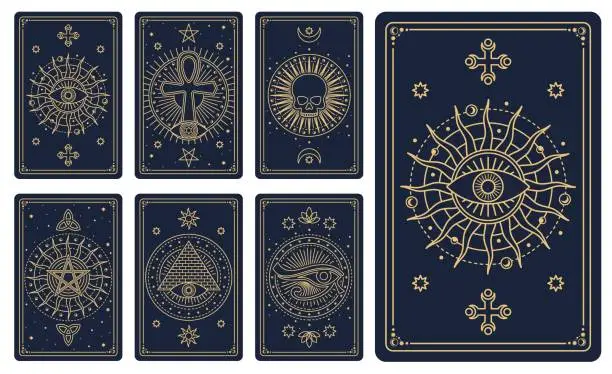 Vector illustration of Tarot cards arcana with esoteric, mason symbols