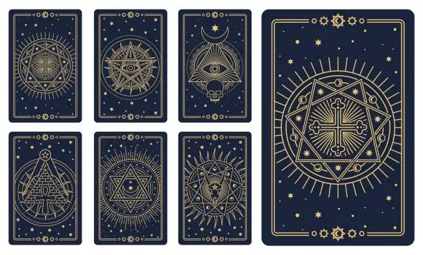Vector illustration of Tarot cards with magic symbols, occult pentagrams