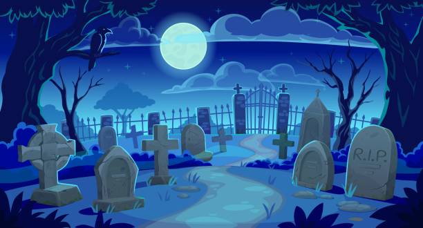кладбищенский ландшафт, кладбище и надгробия - cemetery grave halloween non urban scene stock illustrations