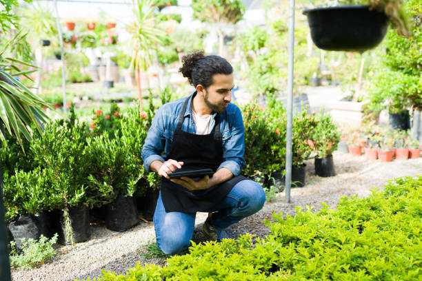 istock Hispanic worker making an inventory while working at the nursery garden 1418329696