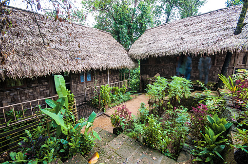 Mawlynnong is a village in the East Khasi Hills district of the Meghalaya state in North East India. It is notable for its cleanliness and also was chosen by Discover India magazine as Asia's cleanest village. The village comes under the Pynursla community development block and Vidhan Sabha constituency. The image is of a homestay in Mawlynnong.