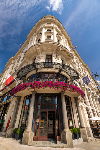 Warsaw, Poland - Aug 18, 2019: Exterior view of Hotel Bristol, a luxury collection hotel in Warsaw, Poland