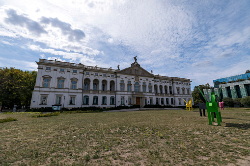 Warsaw, Poland - Aug 19, 2019: Exterior front view of Krasinski Palace in Warsaw, Poland