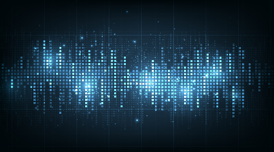 Abstract digital Music equalizer on dark blue background.Waveform pattern for music player, podcast, voice message, music app. Vector illustration.