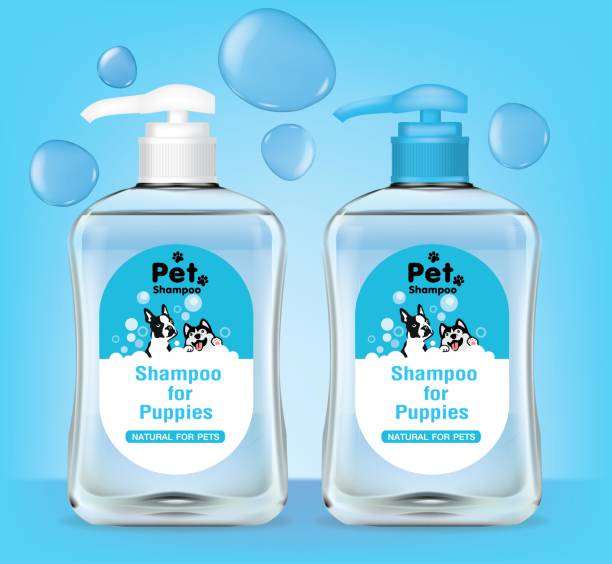 illustrazioni stock, clip art, cartoni animati e icone di tendenza di progetta una bottiglia di shampoo con un tappo della pompa per cani. illustrazione vettoriale - chemical bottle cap chores