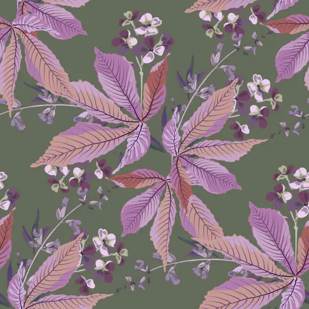 Vector illustration of Vector floral seamless pattern with leaves and small flowers on a khaki colored background.