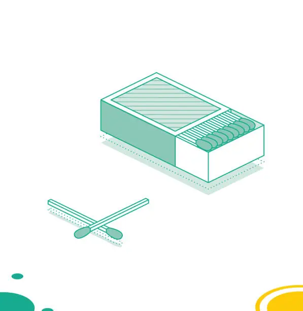 Vector illustration of Isomeric Matchbox and Matches Isolated on White. Outline Concept.