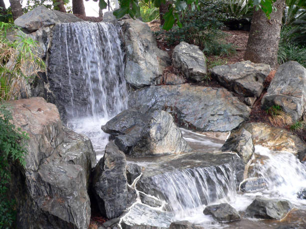 istock Small waterfall in a garden with rocks, trees and plants 1418353298