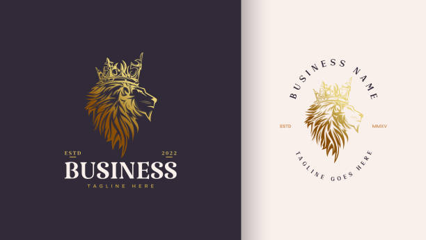 ilustrações, clipart, desenhos animados e ícones de logotipo da cabeça de leão usando coroa dourada de luxo - signo de leão
