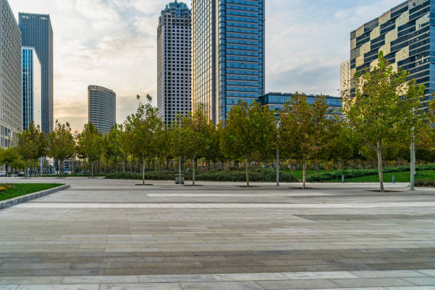 istock Empty floor with modern business office building 1418359298