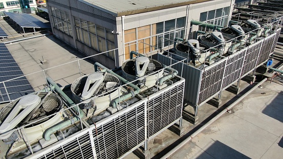 Close up view of an electrical substation elements.