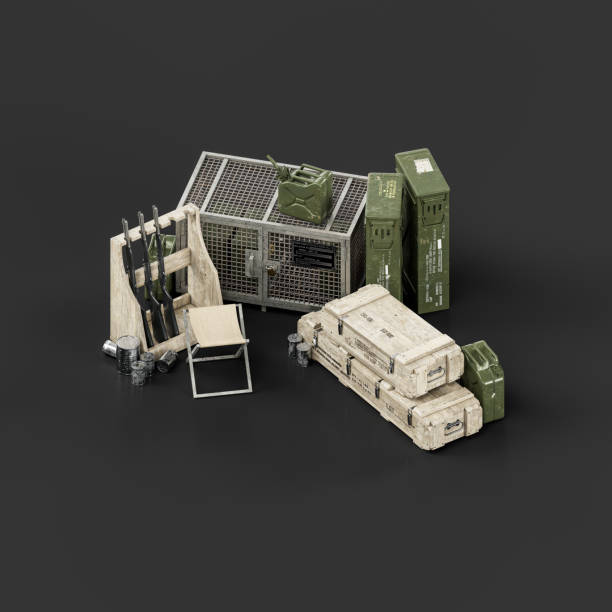 istock Isometric view Military arsenal pile with ammunition boxes, guns and weapons, 3d rendering 1418362380