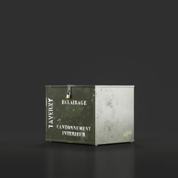 istock Military metal crate, green color storage box, 3d rendering 1418362462