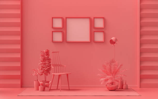 istock Flat color interior room for poster showcase with 5 frames pink gallery wall 1418364058