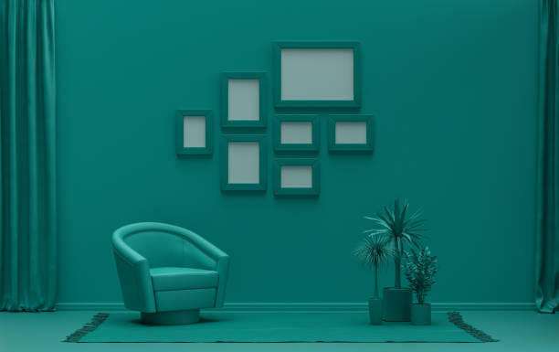 istock Mock-up poster gallery wall with 7 frames in solid pastel dark green room and plants 1418364297