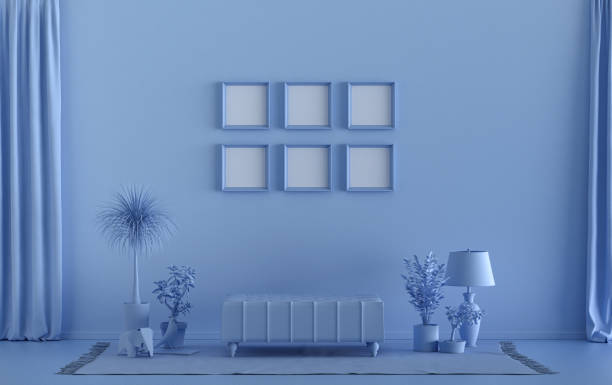 istock Mock-up poster gallery wall with six frames in solid pastel light blue room 1418364395