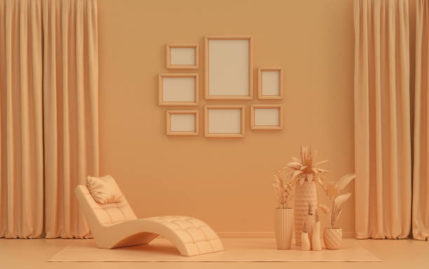 istock Mock-up poster gallery wall with 7 frames in solid pastel orange room and plants 1418364953