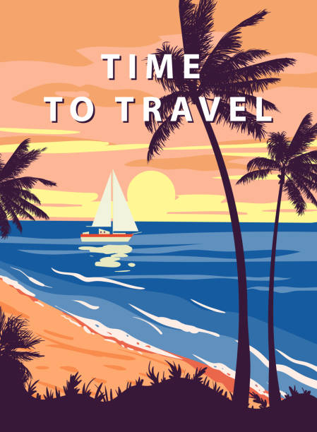 illustrations, cliparts, dessins animés et icônes de il est temps de voyager affiche rétro. plage de la côte tropicale - tropical climate florida backgrounds island