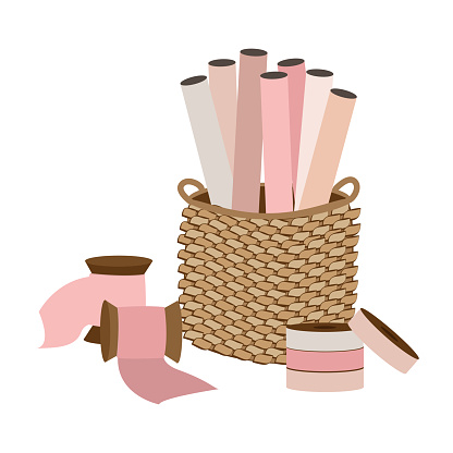 Wrapping paper and ribbons in the basket. Christmas wrapping station vector illustration