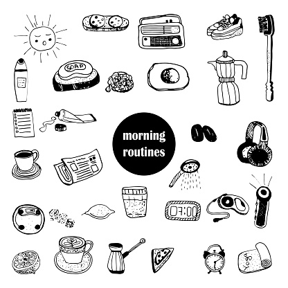 a set of doodles of morning everyday routines before work. Vector illustration