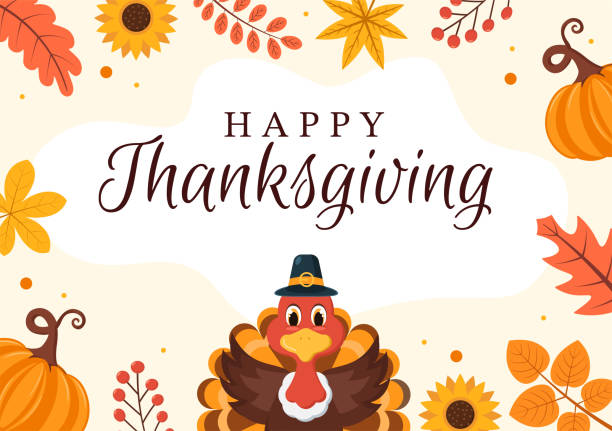 szablon happy thanksgiving celebration ręcznie rysowana kreskówka płaska ilustracja z indykiem, liśćmi, kurczakiem lub dynią - thanksgiving stock illustrations