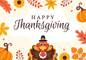 istock Happy Thanksgiving Celebration Template Hand Drawn Cartoon Flat Illustration with Turkey, Leaves, Chicken or Pumpkin Design 1418368177