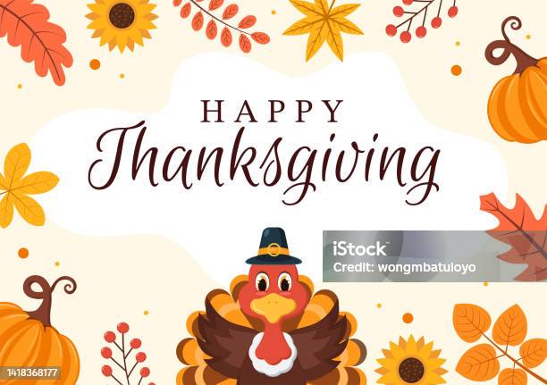 Happy Thanksgiving Celebration Template Hand Drawn Cartoon Flat Illustration With Turkey Leaves Chicken Or Pumpkin Design Stock Illustration - Download Image Now